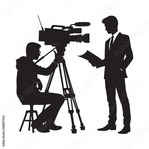 News reporter with cameraman silhouette vector isolated on a white background