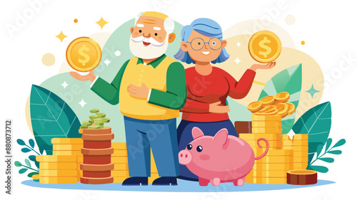 Retirement Savings: Happy Senior Couple with Stacked Coins and Piggy Bank, Symbolizing Financial Freedom and Security