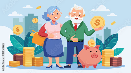 Retirement Savings: Happy Senior Couple with Stacked Coins and Piggy Bank, Symbolizing Financial Freedom and Security