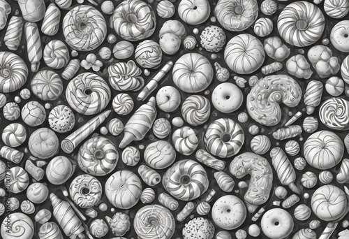 Large amount of assorted colorful candies and sweets on a side of  a monochrome background, spiral lollipops and candies, fruit shaped candies, hard, soft candies, moue, caramel, chocolates, drawing