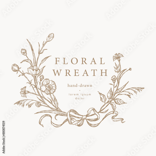 Flower Frame. Hand drawn Vintage Botanical Wreath of flowers with ribbon. Elegant logo template. Vector illustration for labels, branding business identity, wedding invitation, Monogram, Floral Crest photo