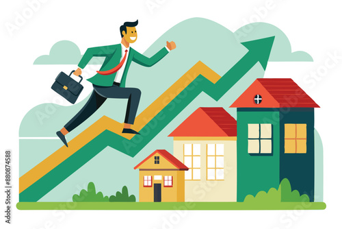 Rising Housing Prices: Businessman Runs on Ascending Green Graph Atop House Roof, Symbolizing Real Estate Growth