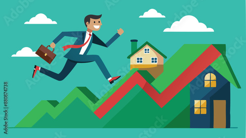 Rising Housing Prices: Businessman Runs on Ascending Green Graph Atop House Roof, Symbolizing Real Estate Growth