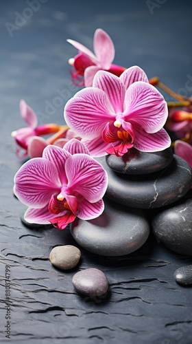 a purple and pink orchid is surrounded by rocks.