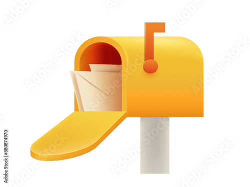 3d Realistic Mailbox with Flag and Letters Inside. Yellow Opened mailbox Icon. Ready to Accept Notification. Trend Vector Illustration.