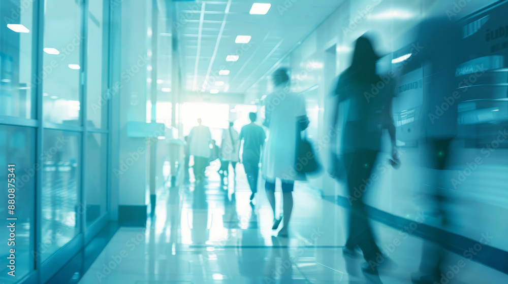 A busy hospital corridor with medical staff and patients moving about, captured in a blue-tinted, dynamic scene. A busy hospital corridor with medical staff and patients moving about, captured in a blue-tinted, dynamic scene.