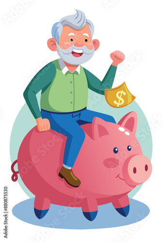 Secure Retirement: Happy Elderly Man Relaxes on Wealthy Piggy Bank Symbolizing Pension Fund and Savings