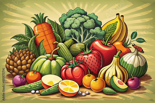 Vegetables and fruits produce illustrations in a retro style