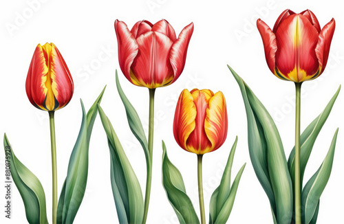 Wallpaper Mural Set of painted red tulips with bright yellow-edged petals on white background. For floral design, greeting card, invitation, botanical illustration, home decor, printing on textile and paper products Torontodigital.ca