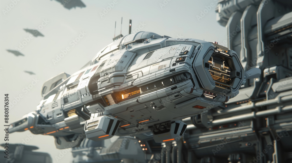 A sleek, futuristic spaceship hovers near a high-tech space station, with a fleet of advanced spacecraft in the distance. A sleek, futuristic spaceship hovers near a high-tech space station, with a fleet of advanced spacecraft in the distance.