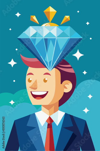 Self-Discovery Journey: Happy Businessman Finds Valuable Diamond Inside His Head, Symbolizing Inner Success