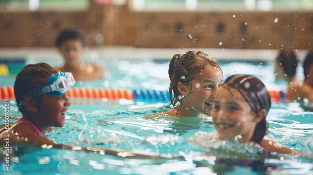 Obraz premium A swimming lesson at a community pool, with an instructor guiding young swimmers