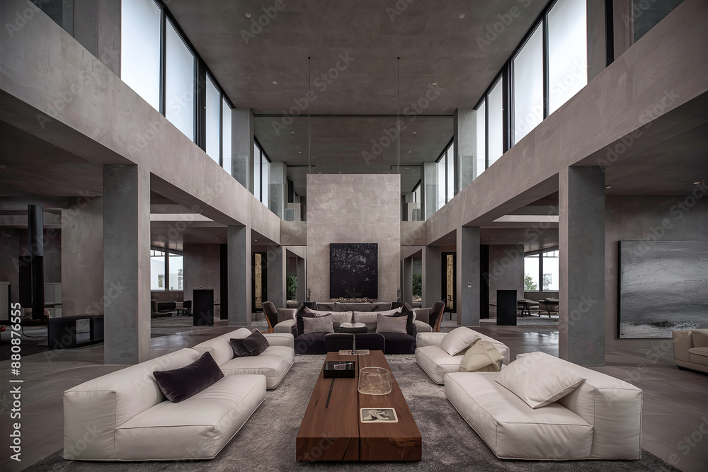 Interior design and architecture scene showcasing a spacious, modern living area with high ceilings and large windows. The room features a minimalist aesthetic with sleek, straight lines