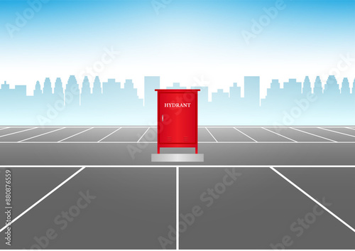 Fire Hydrant Box in Parking Lot. Red Fire Hydrant. Vector Illustration. 