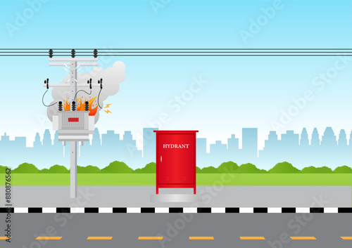Fire Hydrant Box on the Road Side. Red Fire Hydrant. Vector Illustration. 