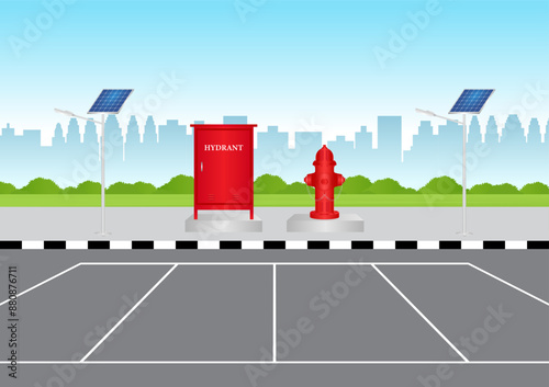 Hydrant Box and Fire Hydrant in Parking Lot. Vector Illustration. 