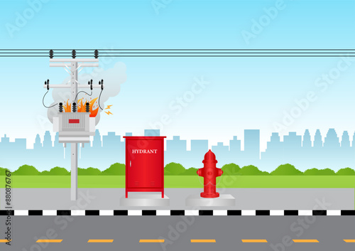 Hydrant Box and Fire Hydrant on the Road Side. Vector Illustration. 