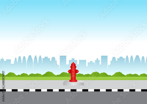 Red Fire Hydrant on the Road Side. Vector Illustration. 
