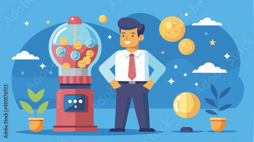 Smart businessman stands with gumball machine filled with abundance of lightbulb ideas, representing creativity, innovation, and entrepreneurial spirit