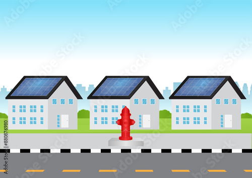 Red Fire Hydrant on the Road Side. Vector Illustration. 