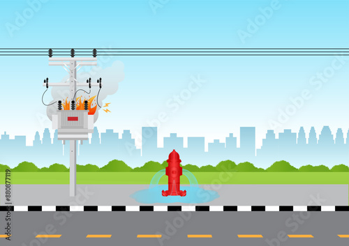 Red Fire Hydrant on the Road Side. Vector Illustration. 