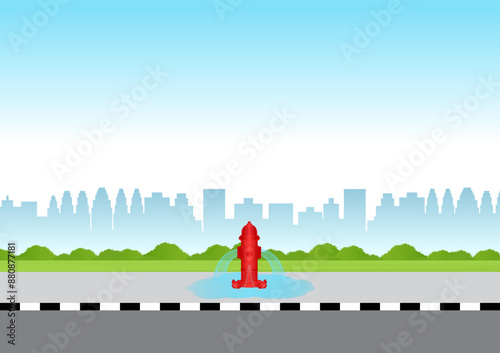 Red Fire Hydrant on the Road Side. Vector Illustration. 