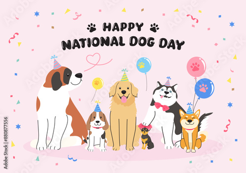Happy national Dog day greeting card vector design. Cute funny dogs in party