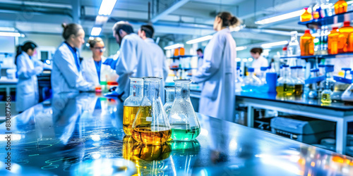 Close up of beakers and flasks filled with colorful liquids in the foreground, scientists working on lab equipment in the background