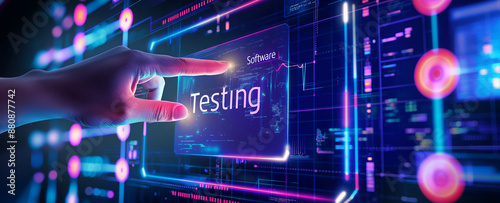 A hand touches a digital screen with text Software Testing and icons. Defects, bugs, errors in codes, Quality assurance, digital technology, AI. 