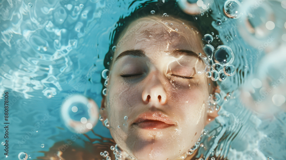 Another serene underwater scene with a close-up of a person’s face surrounded by bubbles and light patterns, evoking calm and a dreamlike ambiance. Another serene underwater scene with a close-up of a person’s face surrounded by bubbles and light patterns, evoking calm and a dreamlike ambiance.