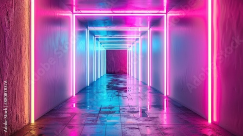 Neon Lights Tunnel with Wet Floor