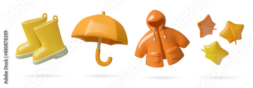 3d Autumn icons collection - rain boots, raincoat, red leaves and umbrella. Children fashion and seasonal shopping cute three dimensional vector design elements set. 