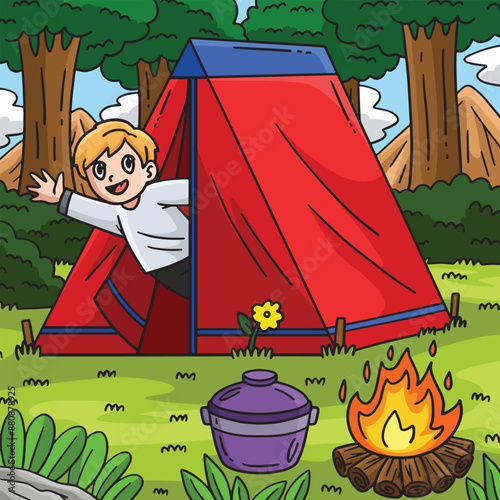 Camping Camper Waving Inside Tent Colored Cartoon