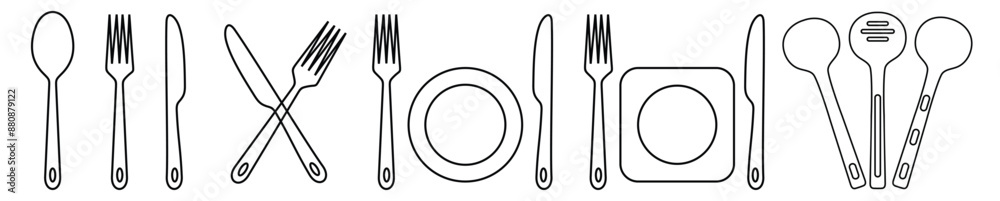 Fork, knife, spoon and plate set icons line art.