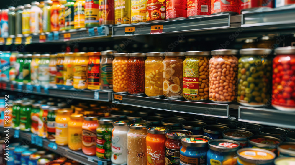 A stack of canned soups in a grocery store aisle, showcasing the variety and convenience of ready-to-eat meals A stack of canned soups in a grocery store aisle, showcasing the variety and convenience of ready-to-eat meals