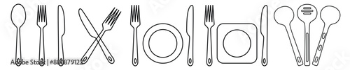 Fork, knife, spoon and plate set icons line art.