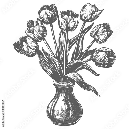 Hand-Drawn Vintage Bouquet of Tulips in Stoneware Vase