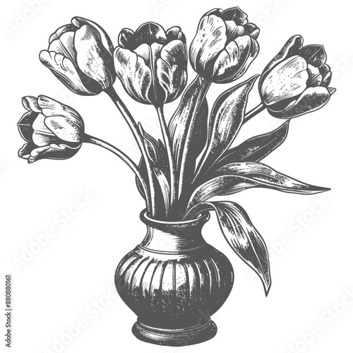 Vintage Engraving:  Five Tulips in Ribbed Stoneware Vase