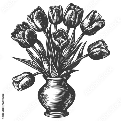 Vintage Woodcut Style: Dark Tulips in Stoneware Vase