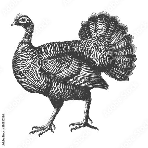 Vintage Woodcut Illustration: Majestic Wild Turkey in Profile