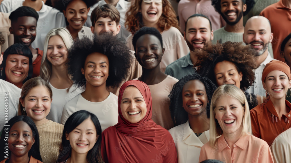 An exuberant, diverse group of people smile brightly, showcasing unity and happiness in a lively, inclusive atmosphere. An exuberant, diverse group of people smile brightly, showcasing unity and happiness in a lively, inclusive atmosphere.