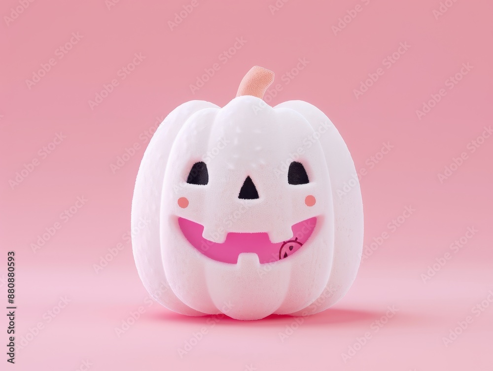 Minimalist white pumpkin jack-o-lantern with a cute pink smile against a pastel pink background, perfect for modern Halloween decor concepts. Minimalist white pumpkin jack-o-lantern with a cute pink smile against a pastel pink background, perfect for modern Halloween decor concepts.