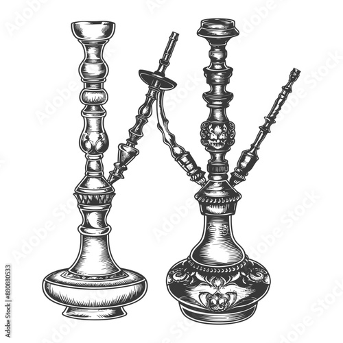Ornate Vintage Hookah Pipes: Hand-Drawn Engraving Illustration