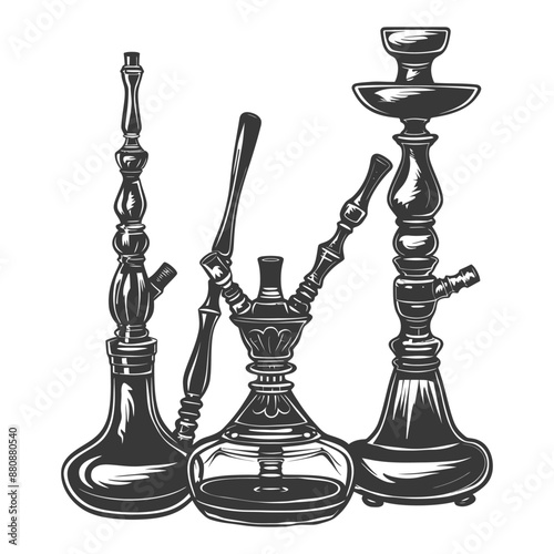 Vintage Monochrome Hookah Trio: Elegant Design & Intricate Details