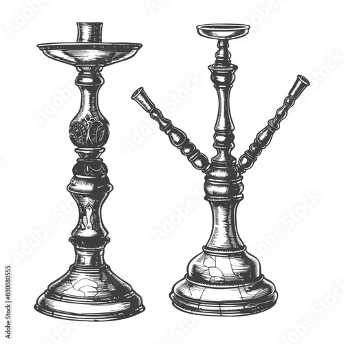 Engraved Vintage Hookah Pair: Elegant Single & Double Hose Designs