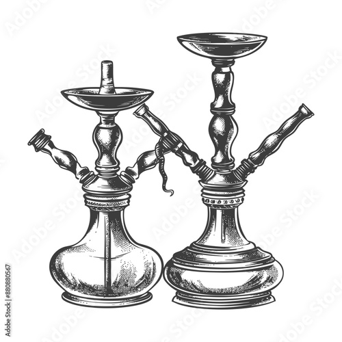 Engraved Sketch: Two Traditional Hookahs, Ornate Detail