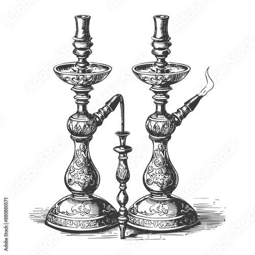 Ornate Double-Stemmed Hookah with Intricate Engraving, Vintage Illustration