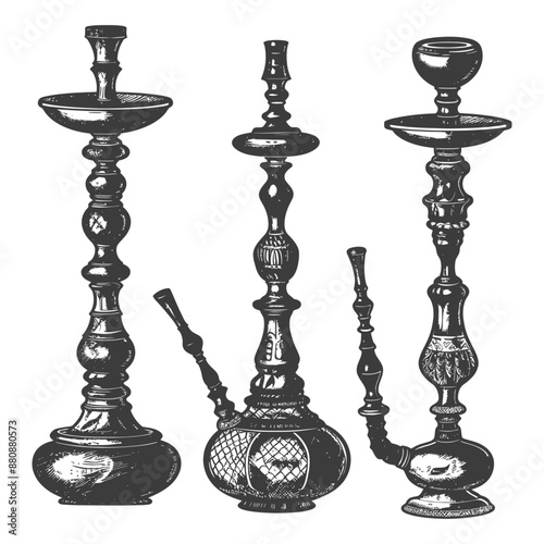 Engraved Trio: Ornate Hookah Designs, Vintage Smoking Pipes Illustration