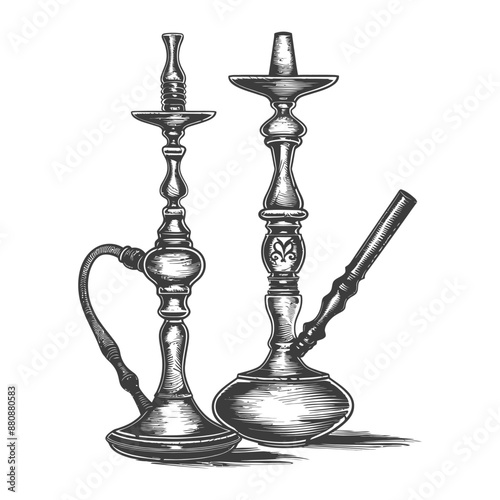 Engraved Vintage Hookah Pair: Ornate Metal & Wood Smoking Pipes