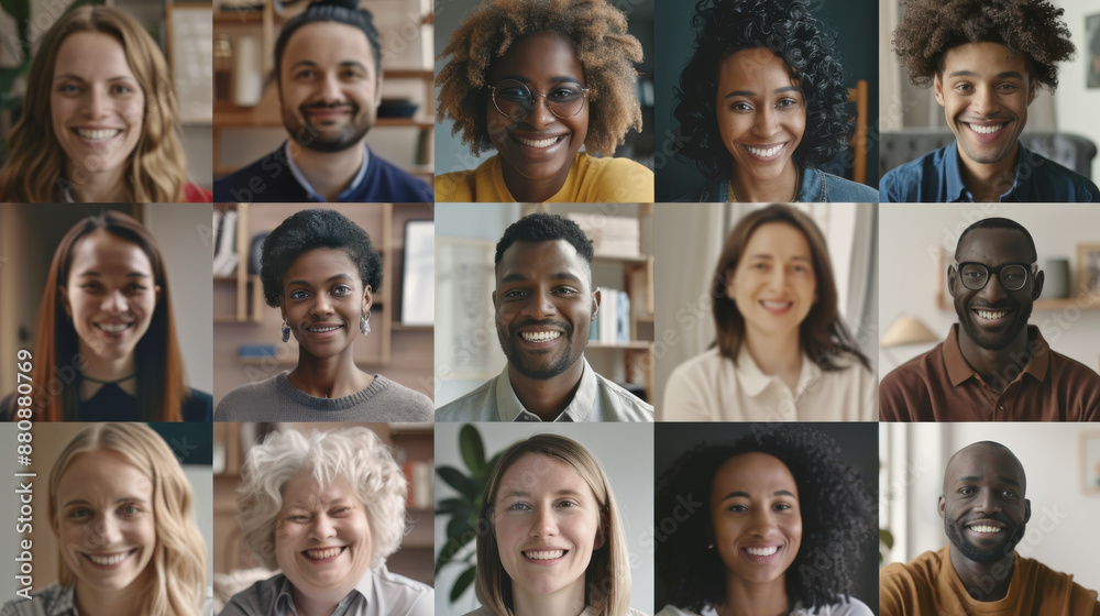 Obraz premium A montage of diverse, smiling people, showcasing a sense of connection and community across various backgrounds.